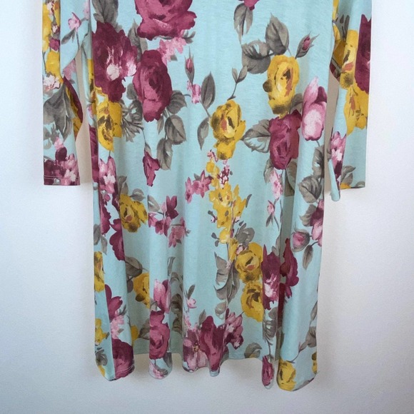 S Honeyme Blue Floral Print Keyhole V Neck Light Blue Flowy Tunic Slinky Dress - Picture 5 of 6